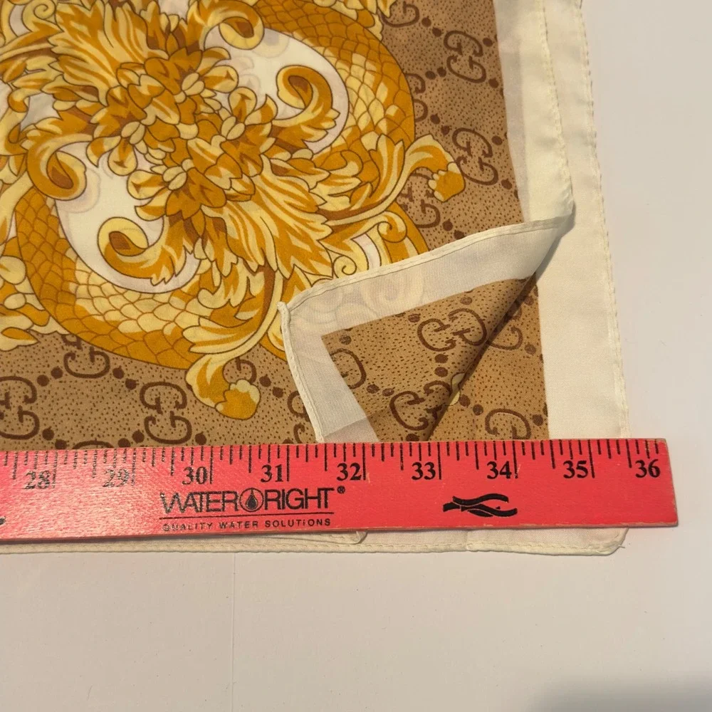 Scarf Cream Gold Baroque Silk Head Scarf Vintage OS Luxury Wrap 70x35 Chic